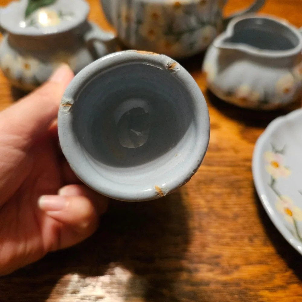 FB Italy Vintage Hand Painted Floral Tea Set Blue Ceramic Teapot Creamer Sugar